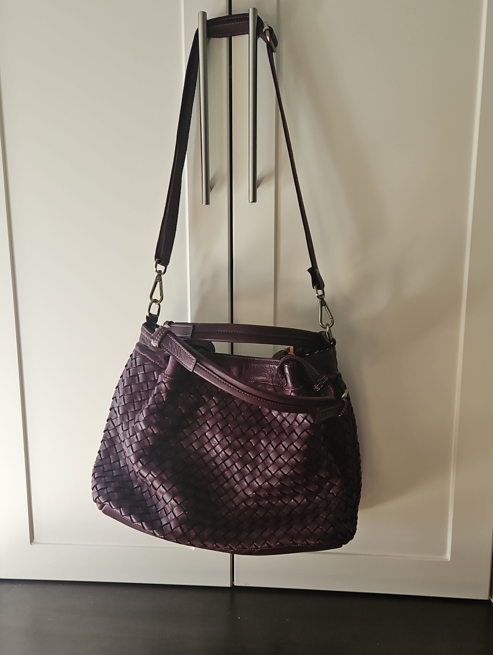 Woven Leather Shoulder Bag in Deep Plum - Women's Crossbody Tote